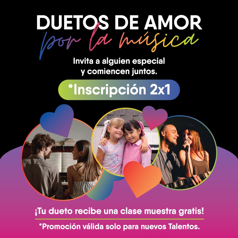 Duetos del Amor por la Música 2x1 inscripcion<br />
Copy del banner<br />
 Duetos del Amor por la Música<br />
 Porque tocar juntos siempre se disfruta más<br />
Copy del desplegado<br />
 La música se vive mejor cuando se comparte.<br />
 Invita a tu amigo, pareja o familiar y formen su propio dueto musical.<br />
En MVS Music Center creemos que los mejores recuerdos comienzan cuando alguien más se suma a tu ritmo.
